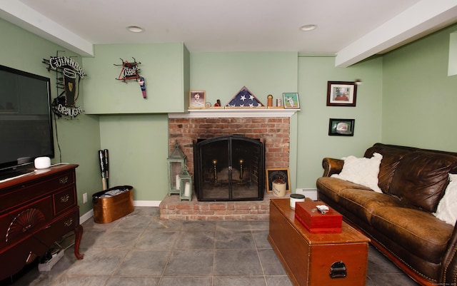 living room with baseboard heating and a fireplace