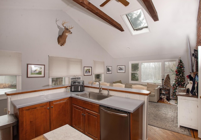 kitchen featuring lofted ceiling with skylight, dishwasher, light hardwood / wood-style floors, and sink