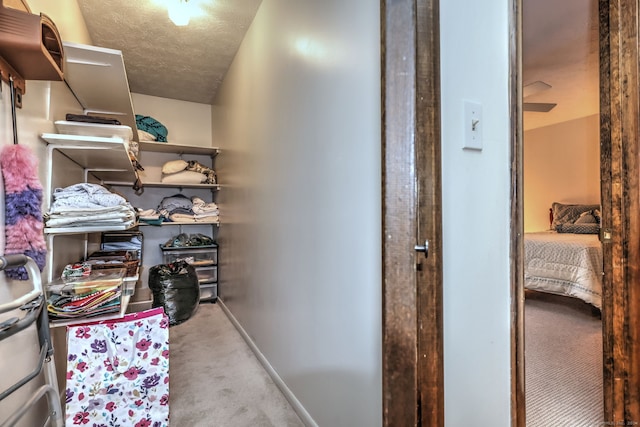 interior space with lofted ceiling and light carpet