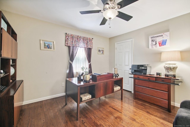 office with ceiling fan and hardwood / wood-style floors