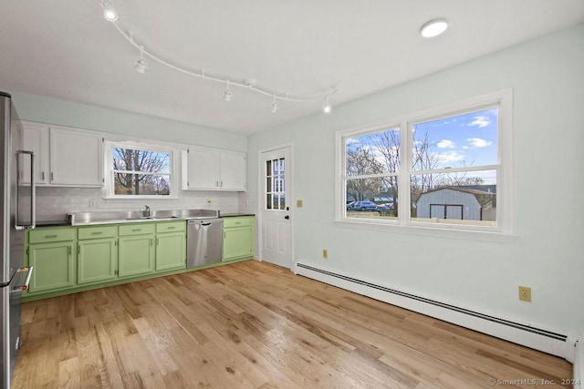 kitchen featuring appliances with stainless steel finishes, sink, white cabinets, a baseboard heating unit, and green cabinets