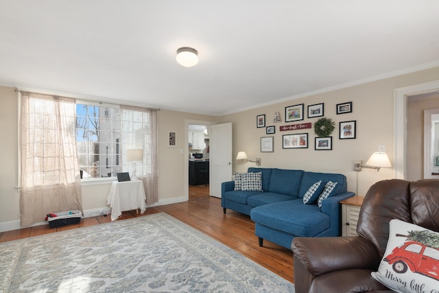 living room featuring light wood-type flooring and crown molding