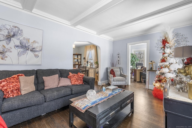 living room featuring beam ceiling, ornamental molding, and dark wood-type flooring