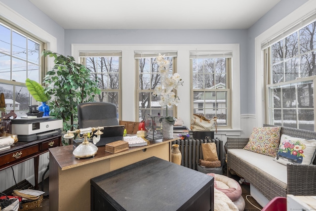 office area with plenty of natural light and radiator