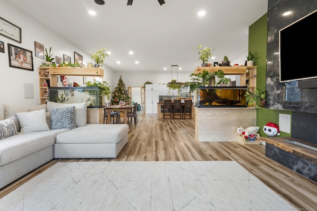 living room featuring ceiling fan and light hardwood / wood-style floors