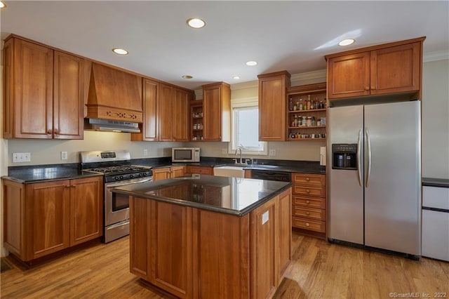 kitchen with premium range hood, crown molding, light hardwood / wood-style flooring, a kitchen island, and stainless steel appliances