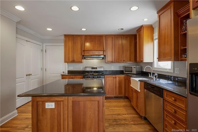 kitchen with light wood-type flooring, stainless steel appliances, and a kitchen island