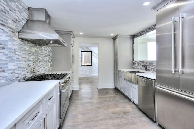 kitchen featuring high quality appliances, sink, decorative backsplash, wall chimney exhaust hood, and light hardwood / wood-style flooring