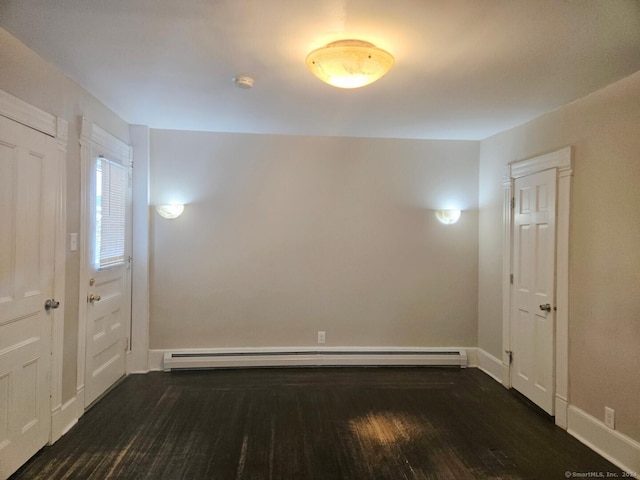 empty room with dark wood-type flooring and a baseboard heating unit