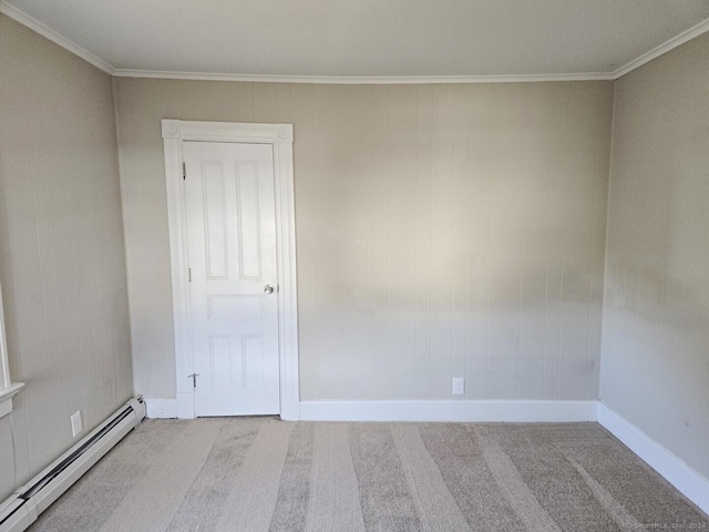 unfurnished room featuring a baseboard radiator, crown molding, and light colored carpet