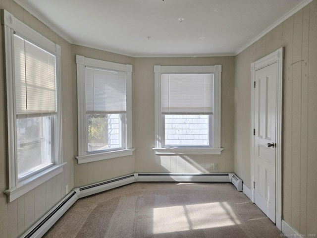 spare room with a wealth of natural light, carpet, and ornamental molding