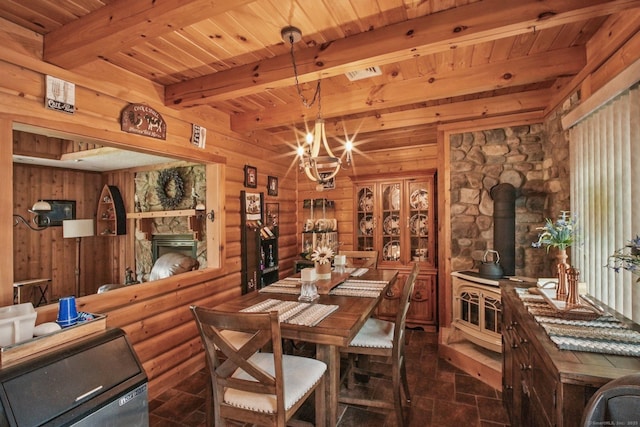 72 Providence Ave, Shelton, CT 06484 - dining space with a wood stove, a wood ceiling with exposed beams, a chandelier, and wooden walls