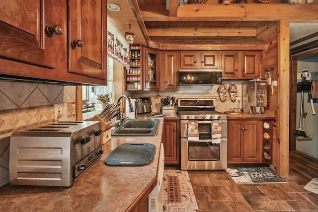 72 Providence Ave, Shelton, CT 06484 - kitchen featuring double oven range, black microwave, brown cabinetry, a wood ceiling with exposed beams, and backsplash