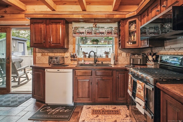 72 Providence Ave, Shelton, CT 06484 - kitchen featuring dishwasher, range with two ovens, backsplash, a wood ceiling with exposed beams, and dark countertops
