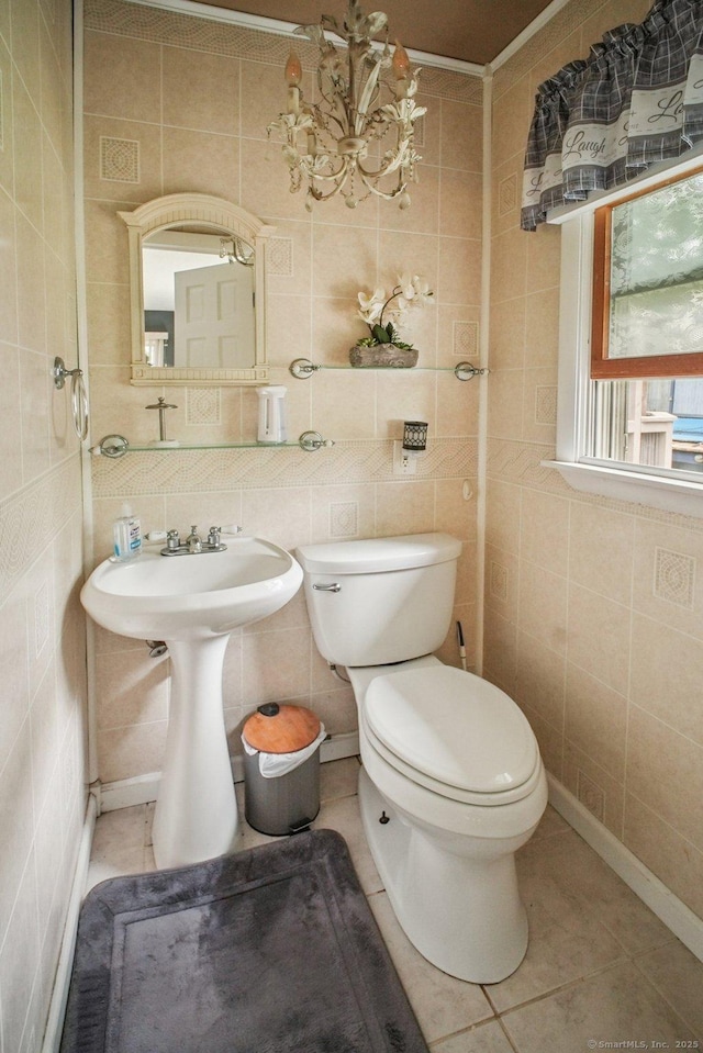 72 Providence Ave, Shelton, CT 06484 - bathroom featuring tile walls, tile patterned floors, and a chandelier