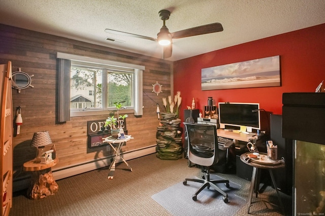 72 Providence Ave, Shelton, CT 06484 - office area with wooden walls, carpet flooring, ceiling fan, a textured ceiling, and a baseboard radiator