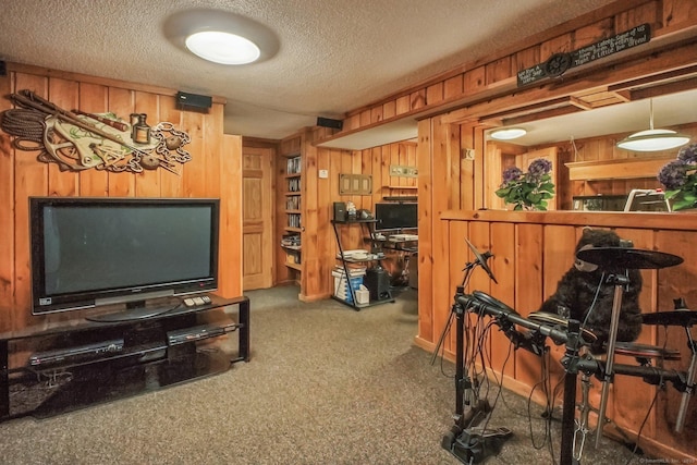 72 Providence Ave, Shelton, CT 06484 - living room with wood walls, carpet flooring, and a textured ceiling