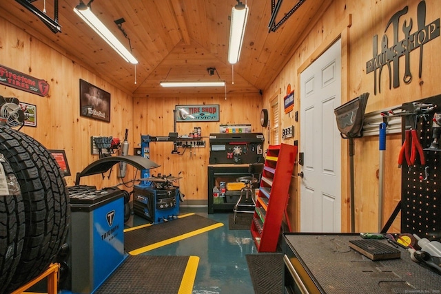 72 Providence Ave, Shelton, CT 06484 - workout area featuring lofted ceiling, wooden walls, and wooden ceiling
