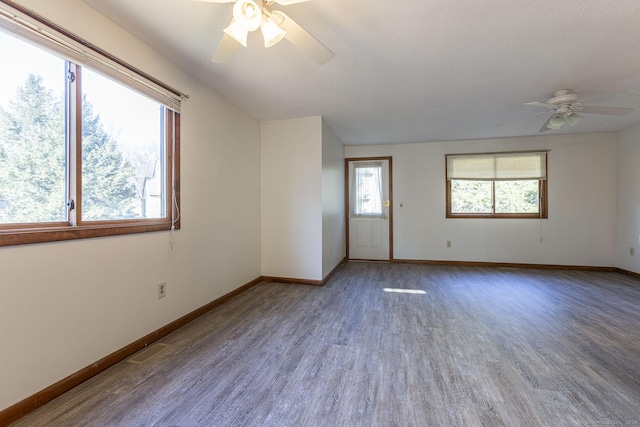 empty room with ceiling fan and hardwood / wood-style flooring