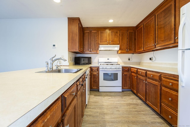 kitchen featuring light wood-type flooring, white appliances, and sink