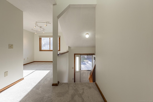 entryway featuring light carpet and rail lighting