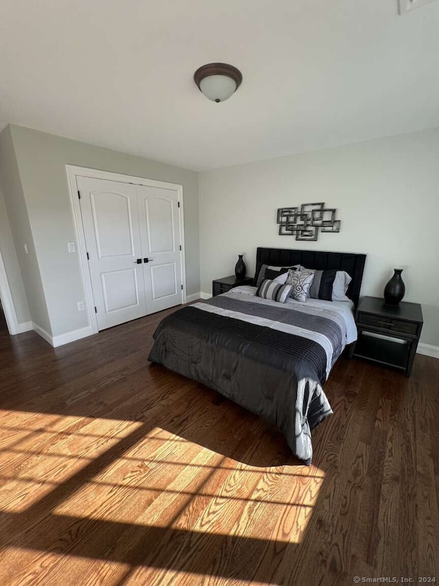 bedroom with a closet and dark hardwood / wood-style flooring