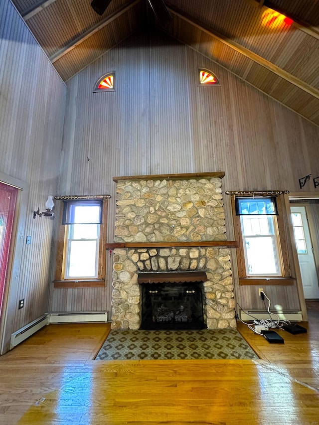 unfurnished living room featuring a fireplace, hardwood / wood-style flooring, high vaulted ceiling, and wooden ceiling