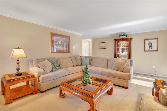 carpeted living room with ornamental molding