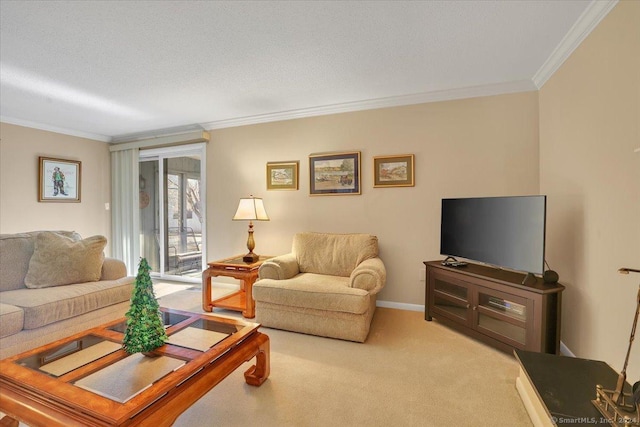 carpeted living room featuring ornamental molding and a textured ceiling