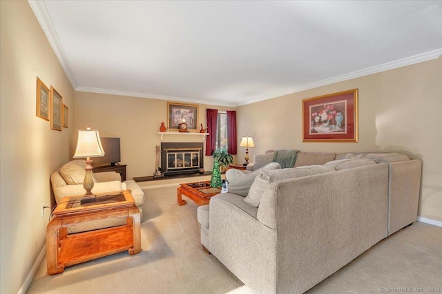 carpeted living room with crown molding