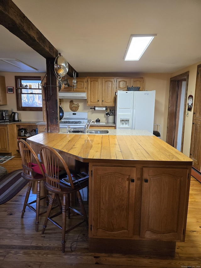 kitchen with wood counters, white appliances, sink, beam ceiling, and dark hardwood / wood-style floors