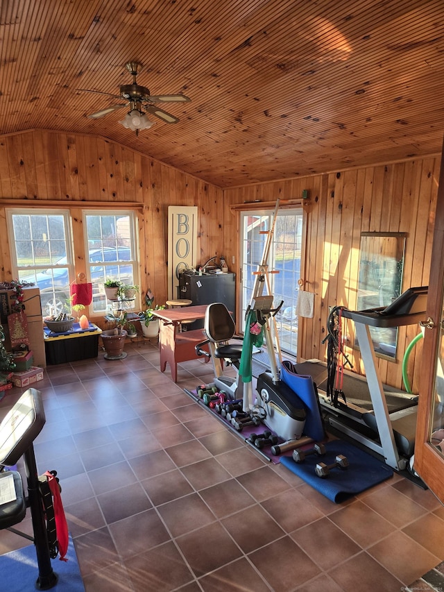 exercise area with vaulted ceiling, a wealth of natural light, wooden ceiling, and wood walls