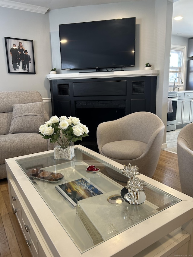 living room featuring wood finished floors and crown molding