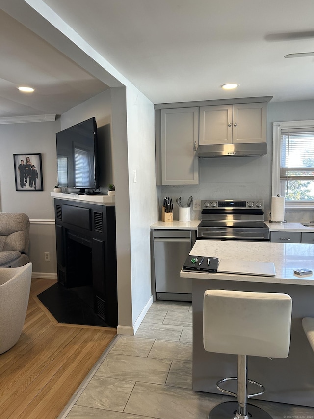 kitchen featuring stainless steel appliances, gray cabinetry, light countertops, under cabinet range hood, and open floor plan