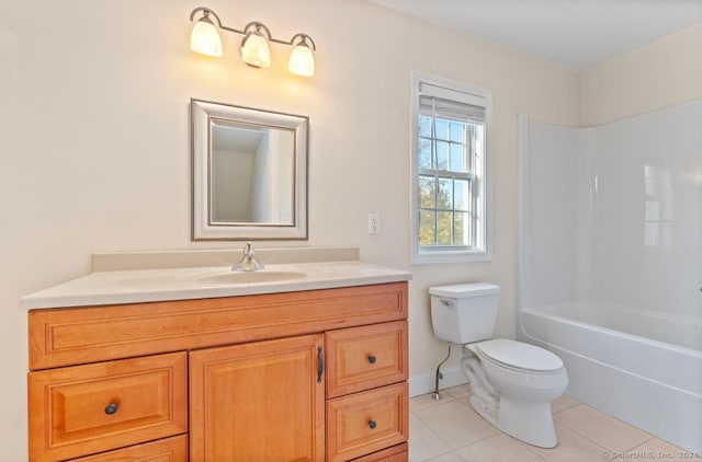 full bathroom with tile patterned flooring, shower / bathing tub combination, vanity, and toilet