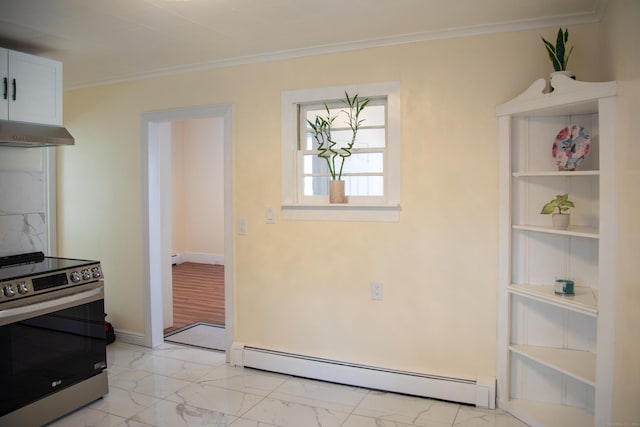 kitchen with a baseboard radiator, ventilation hood, stainless steel electric stove, white cabinets, and ornamental molding