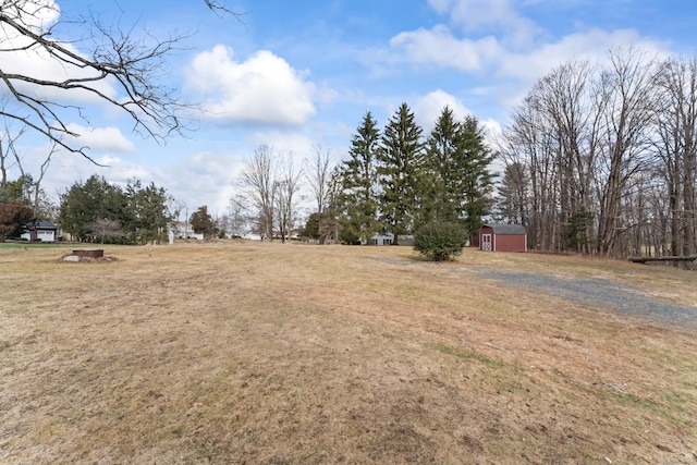 view of yard featuring a storage shed