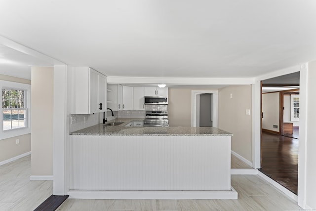 kitchen with appliances with stainless steel finishes, sink, white cabinets, decorative backsplash, and kitchen peninsula