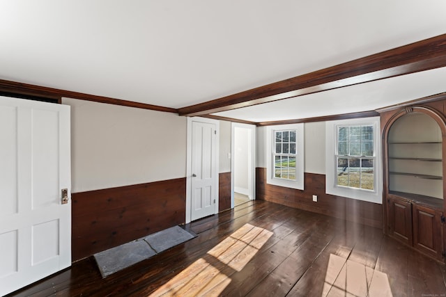 interior space featuring crown molding, wooden walls, and dark hardwood / wood-style floors