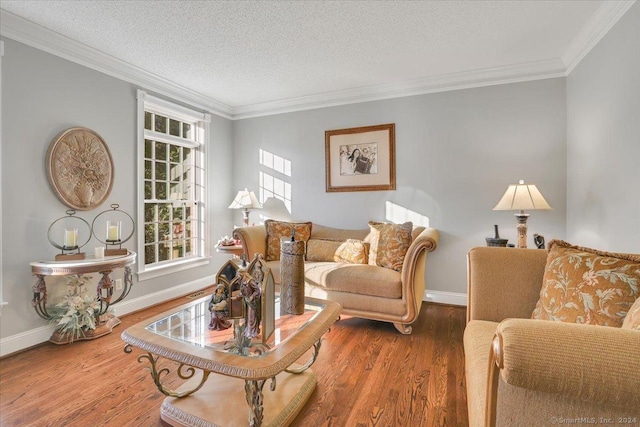 living room with a textured ceiling, crown molding, and dark wood-type flooring