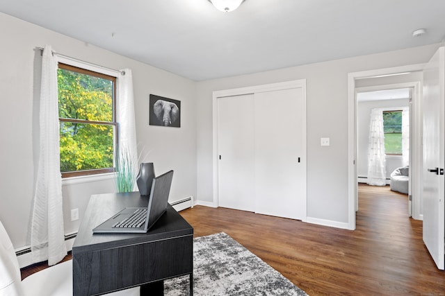 office area featuring dark hardwood / wood-style floors and baseboard heating