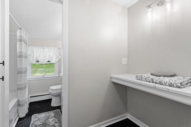 bathroom featuring baseboard heating, shower / tub combo with curtain, tile patterned flooring, and toilet