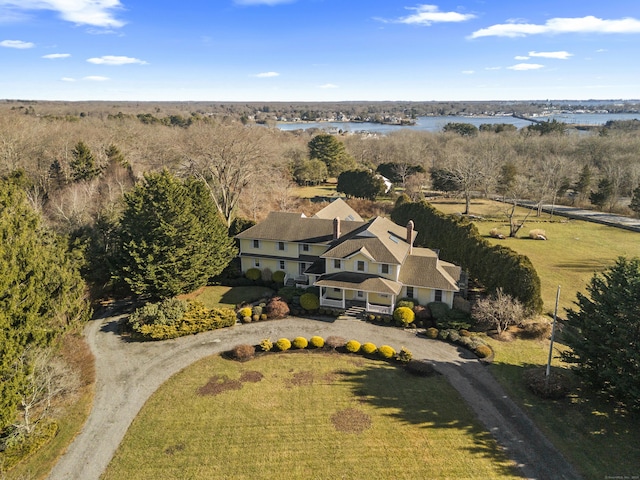 drone / aerial view with a water view