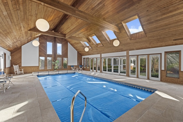 view of pool with a skylight