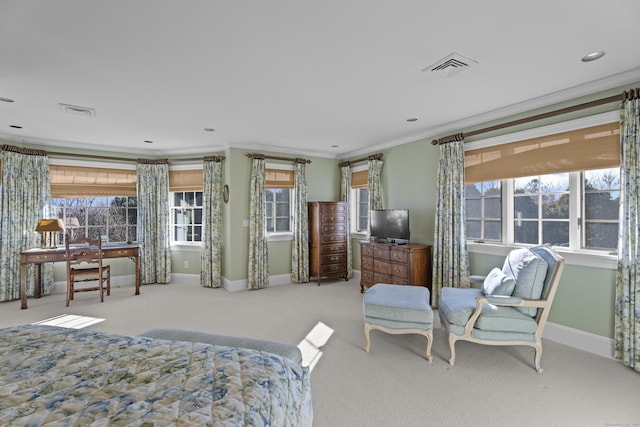 carpeted bedroom featuring multiple windows and ornamental molding