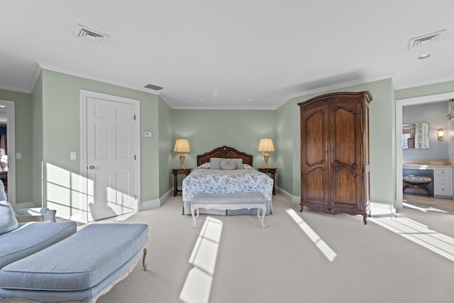 carpeted bedroom featuring crown molding