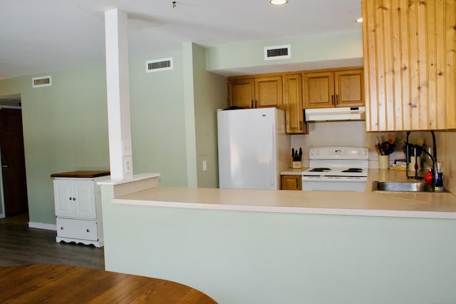 kitchen with kitchen peninsula, dark hardwood / wood-style flooring, white appliances, and sink