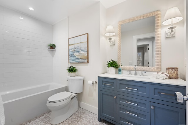 full bathroom featuring tile patterned floors, vanity, toilet, and tiled shower / bath combo