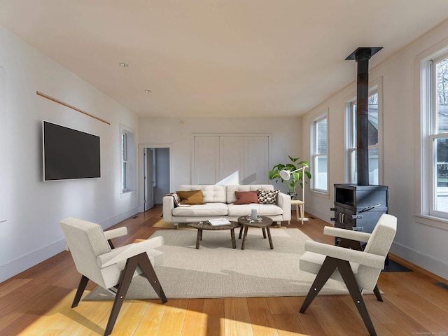 living room featuring a wood stove, a wealth of natural light, and light hardwood / wood-style flooring