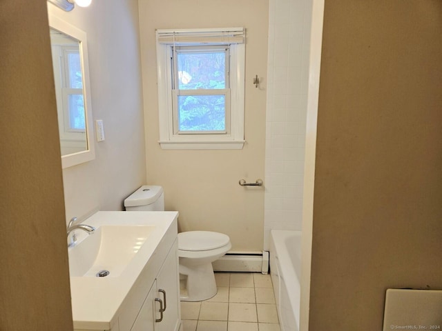 bathroom with tile patterned flooring, vanity, toilet, and a baseboard radiator